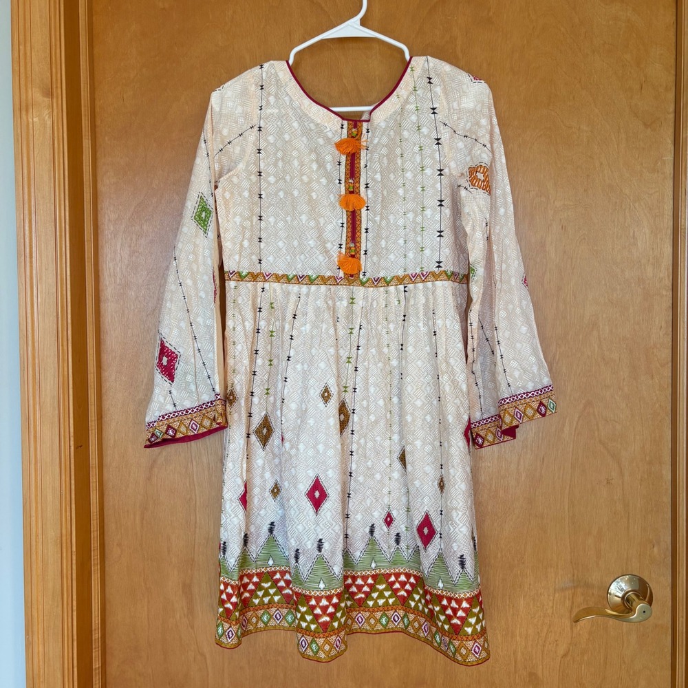 Almirah Lawn Pret Suit Women Small Off-White Cotton Tribal Print Tassel Kurti